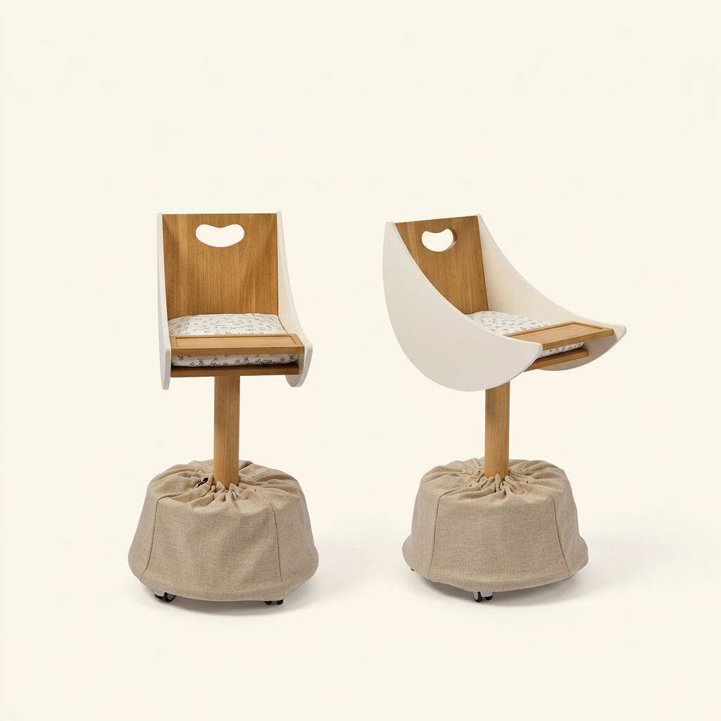 Two views of a Knotia rolling dining chair shown on a light cream background with Chinese marketing text. The chair has a light wood seat and back, a cream molded seat shell, and a beige drawstring base with casters.