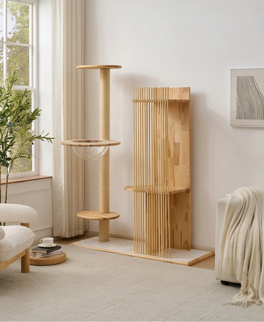 Solid Wood White Oak Side Table Cat Tree