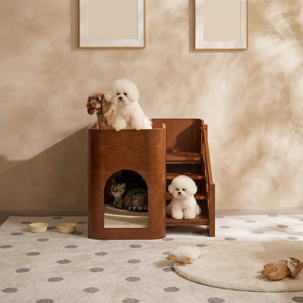Solid Wood Double-Layer Pet Villa Bed