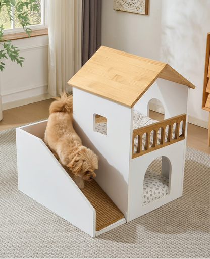 Solid Wood Double-Layer Pet Villa Bed
