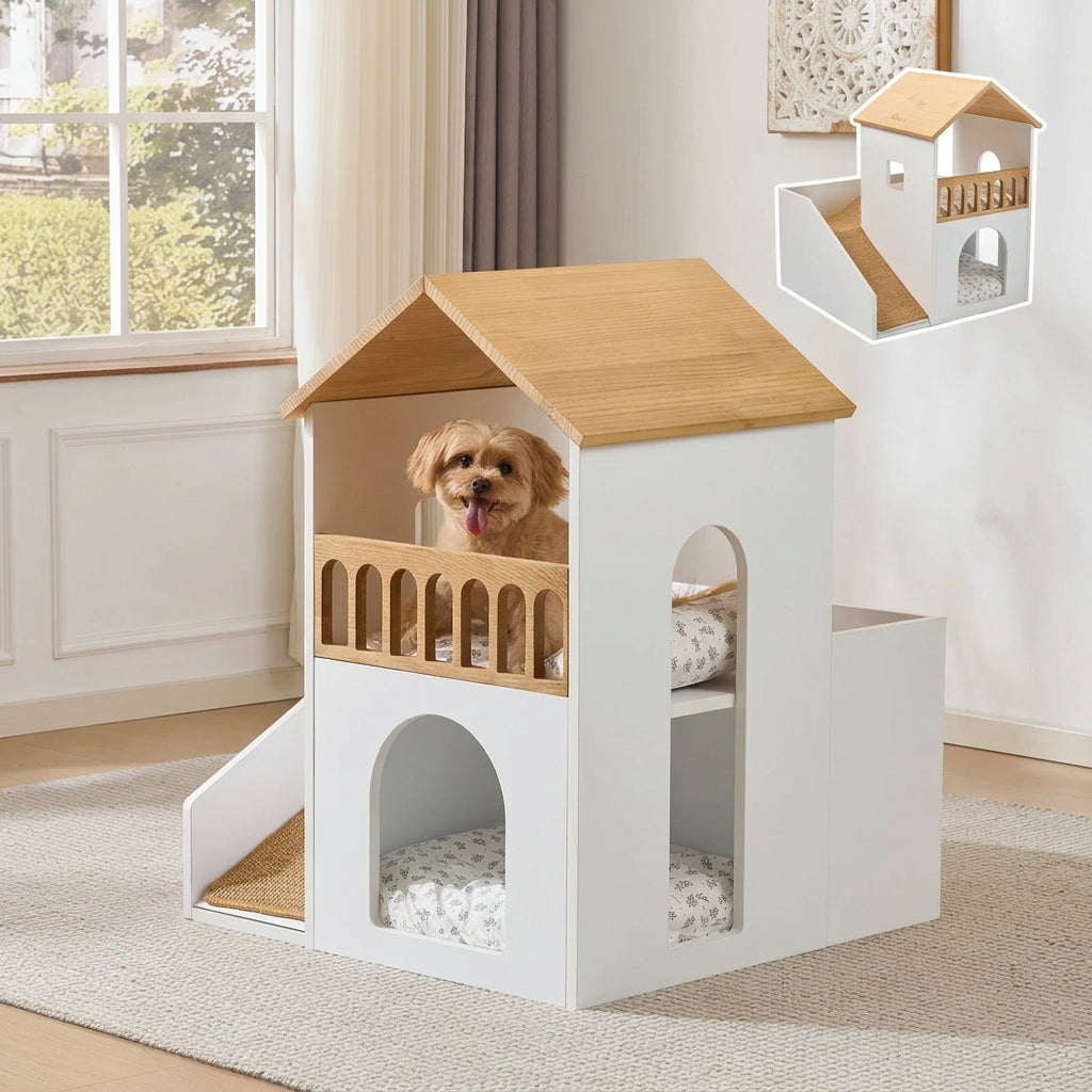 Solid Wood Double-Layer Pet Villa Bed