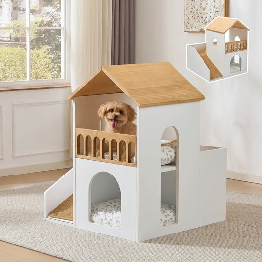 Solid Wood Double-Layer Pet Villa Bed