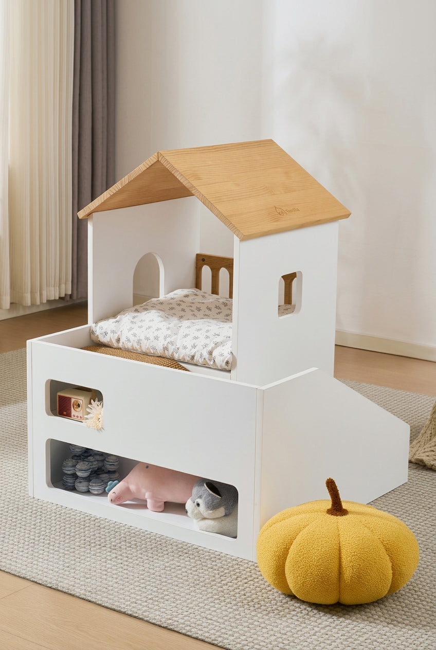 Solid Wood Double-Layer Pet Villa Bed