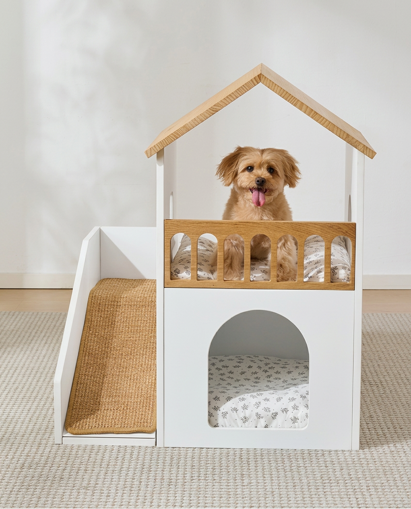 Solid Wood Double-Layer Pet Villa Bed