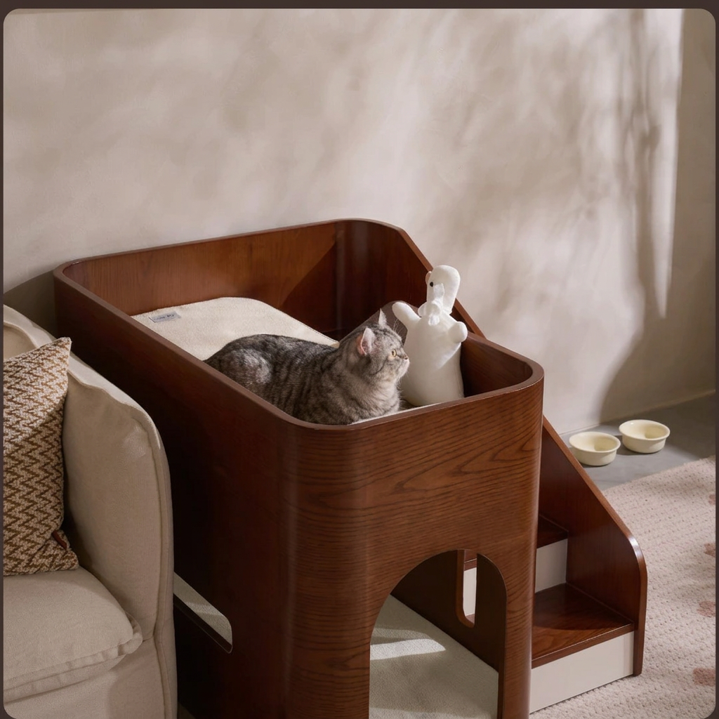 Solid Wood Double-Layer Pet Villa Bed