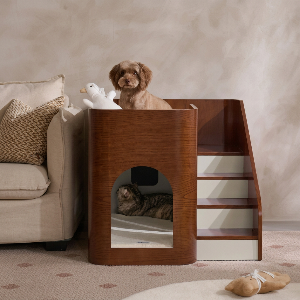 Solid Wood Double-Layer Pet Villa Bed